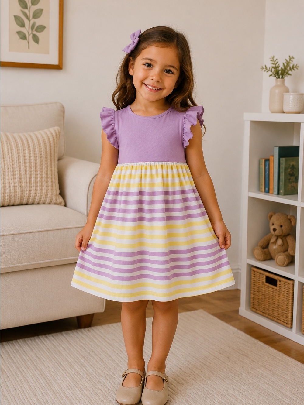 Nautica Lavender & Pale Yellow Striped Casual Sundress